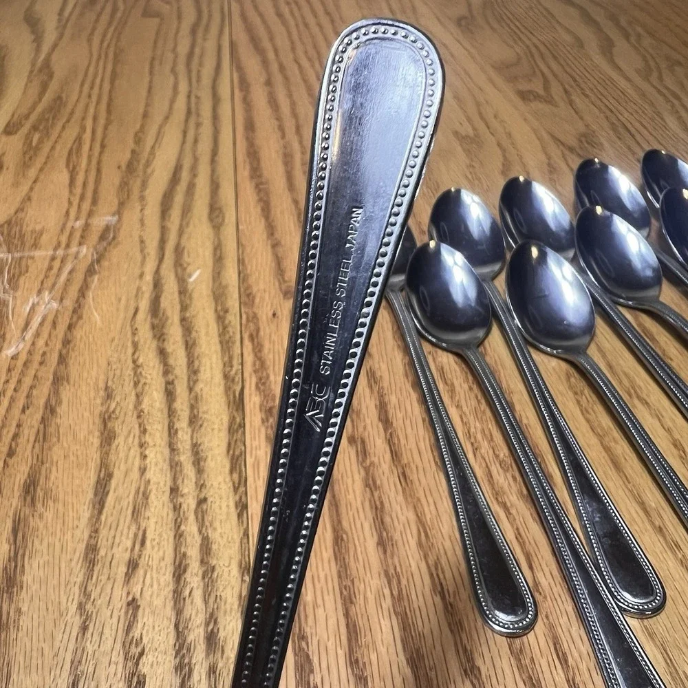 ASC Stainless Steel Japan Beaded Edge Iced Tea Soda Spoons Set of 11 Long Handle